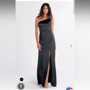 Jenny Yoo Jensen Bridesmaid Dress Black Satin, Size 6